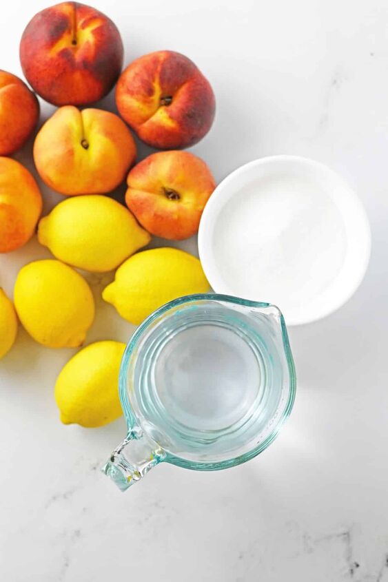peach lemonade, peaches lemons sugar and water on counter