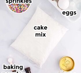 funfetti cake mix cookies, Funfetti cake mix cookie ingredients on a counter with labels