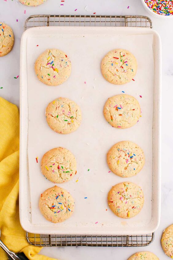 funfetti cake mix cookies, Funfetti cake mix cookies on the pan from above baked on the cookie sheet