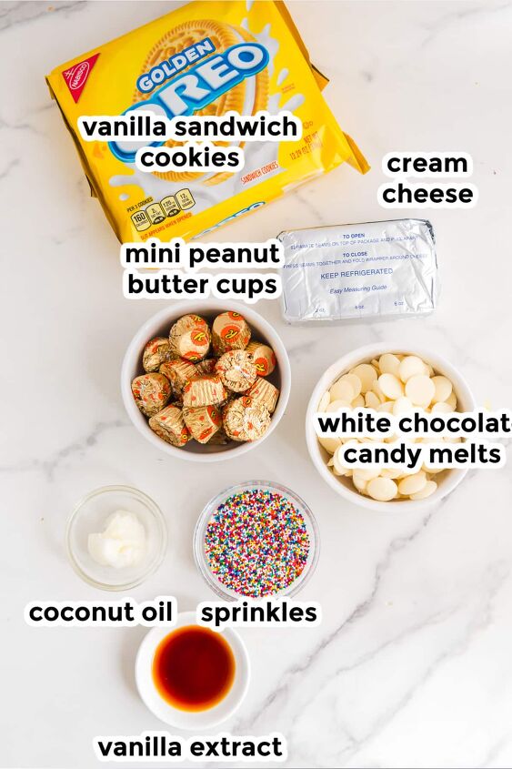 peanut butter cup stuffed truffles, The ingredients for peanut butter cup stuffed truffles on a counter in bowls with text labels