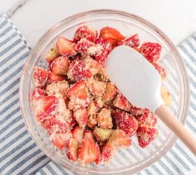 fresh strawberry cobbler, Sliced strawberries in a bowl mixed with brown sugar and white sugar from above