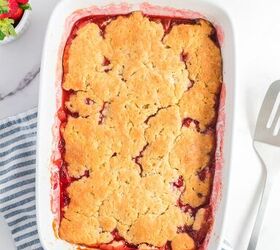 fresh strawberry cobbler, Baked strawberry cobbler in a pan from above on a counter