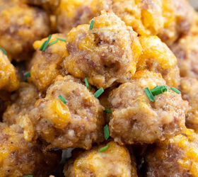 sausage and cheese balls, A close up of sausage cheese balls garnished with freshly chopped chives