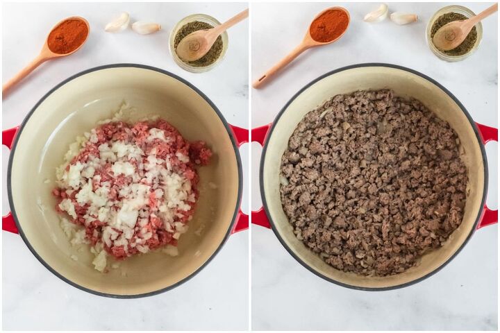 cheesy goulash recipe, collage of a big tan pot with raw hamburger meat topped with diced raw onions and the same pot with cooked ground beef