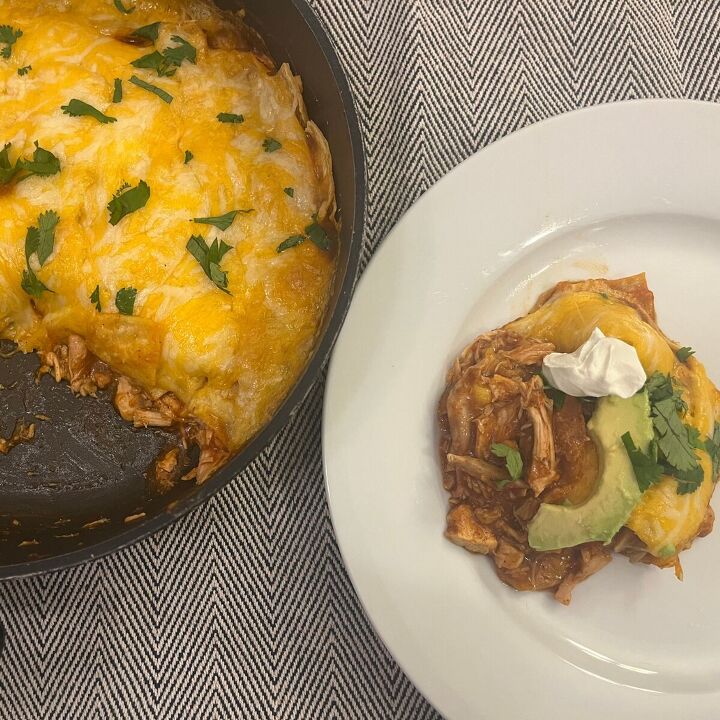 chicken enchilada casserole recipe easy enchilada skillet, A portion of Chicken Enchilada Casserole on a plate next to the baked casserole