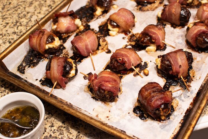 bacon wrapped dates with goat cheese and pepper jelly