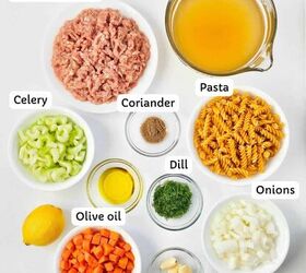 the best ground chicken soup recipe, Ingredients for making ground chicken soup in small bowls