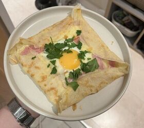 savoury ham and cheese crepe with fried egg