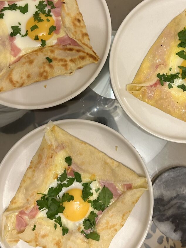 savoury ham and cheese crepe with fried egg