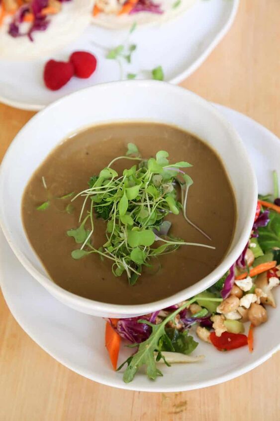 gluten free cream of mushroom soup vegan, vegan mushroom soup in a bowl with micro greens and salad from above