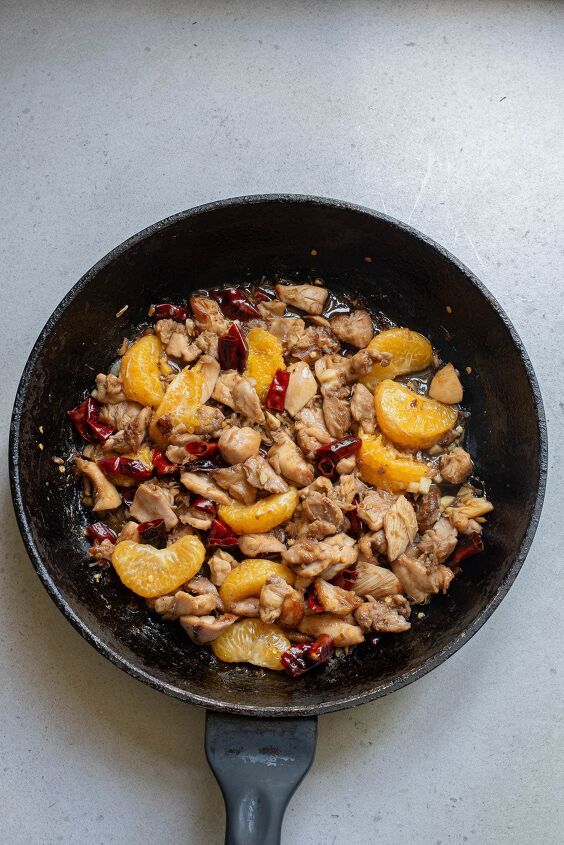 how to make easy chinese mandarin chicken, Mandarin chicken in a cast iron pan