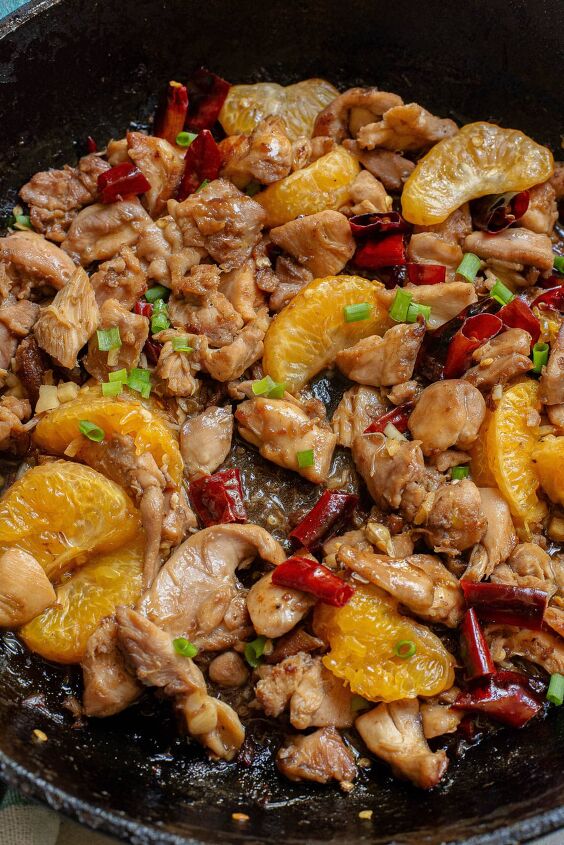 how to make easy chinese mandarin chicken, Mandarin orange chicken in a cast iron pan