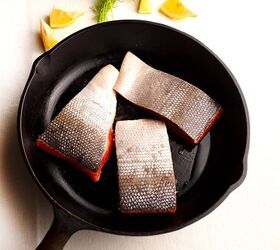 honey mustard salmon, Salmon flesh side down in the cast iron skillet