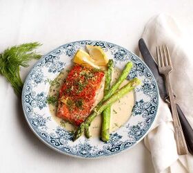 honey mustard salmon, Blue transferware plate with salmon and asparagus