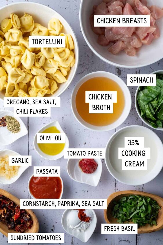 marry me chicken tortellini, The labeled ingredients needed to make marry me chicken tortellini