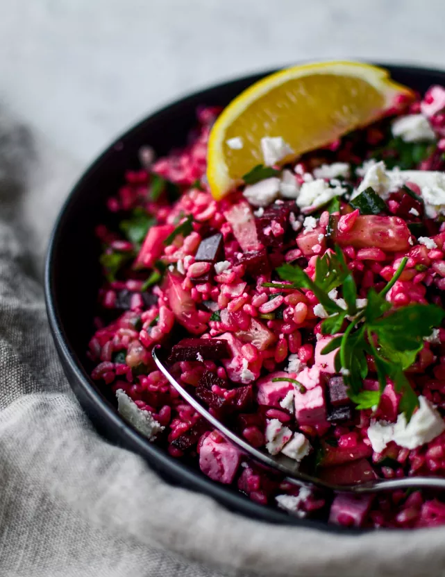 beetroot bulgar salad with goats cheese