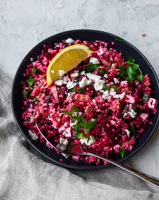 beetroot bulgar salad with goats cheese