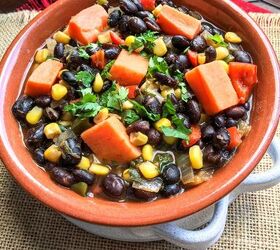 black bean and sweet potato soup, black bean and sweet potato soup in a bowl
