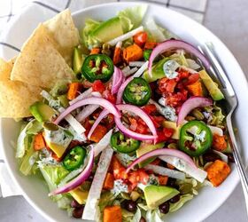vegetarian taco salad with sweet potato, Overhead view of taco salad in a white bowl