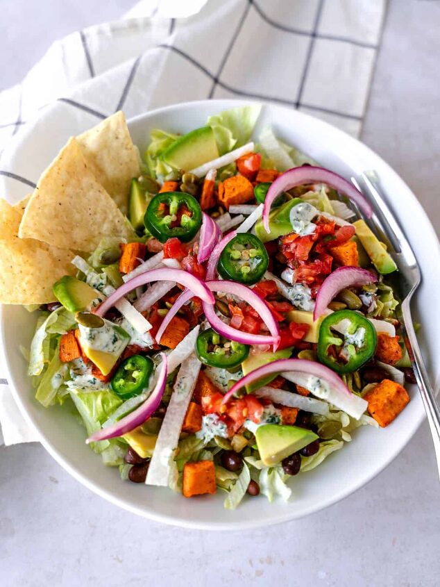 vegetarian taco salad with sweet potato, Overhead view of taco salad in a white bowl