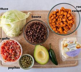 vegetarian taco salad with sweet potato, Ingredients for Taco salad on a cutting board