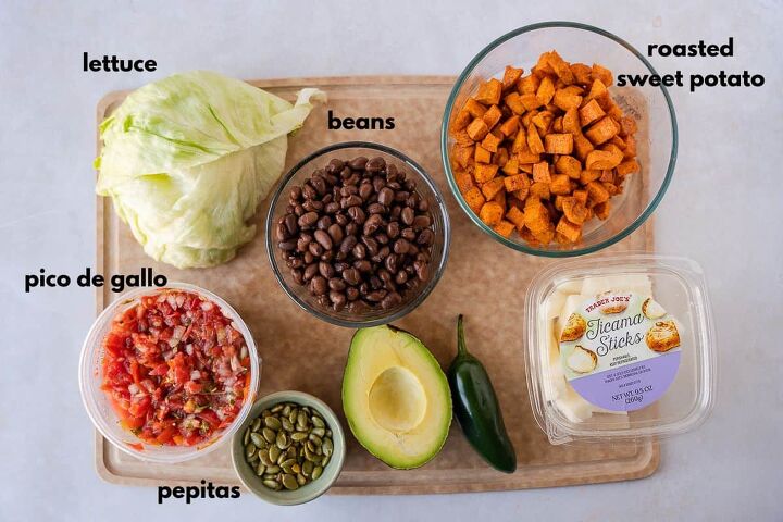 vegetarian taco salad with sweet potato, Ingredients for Taco salad on a cutting board