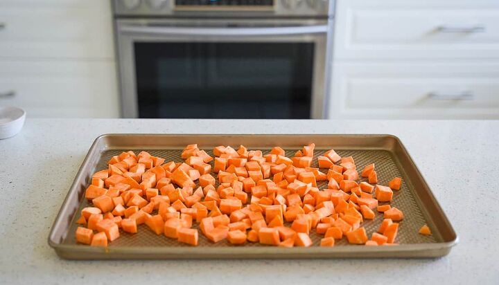 vegetarian taco salad with sweet potato, Diced potatoes on a baking sheet