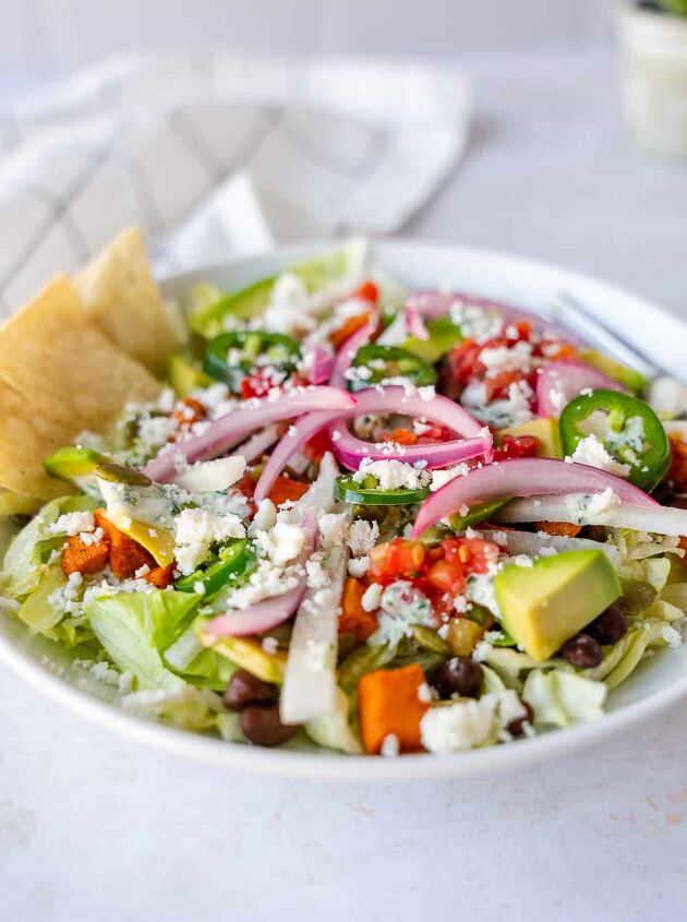 vegetarian taco salad with sweet potato, Tacos salad topped with crumbled cheese