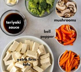 teriyaki tofu stir fry, Ingredients labeled with text garlic broccoli teriyaki sauce mushrooms bell pepper carrots and tofu