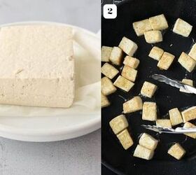 teriyaki tofu stir fry, Two image collage showing tofu being pressed then fried