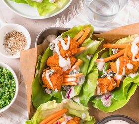 Buffalo Chicken Lettuce Wraps on a serving tray with dressing