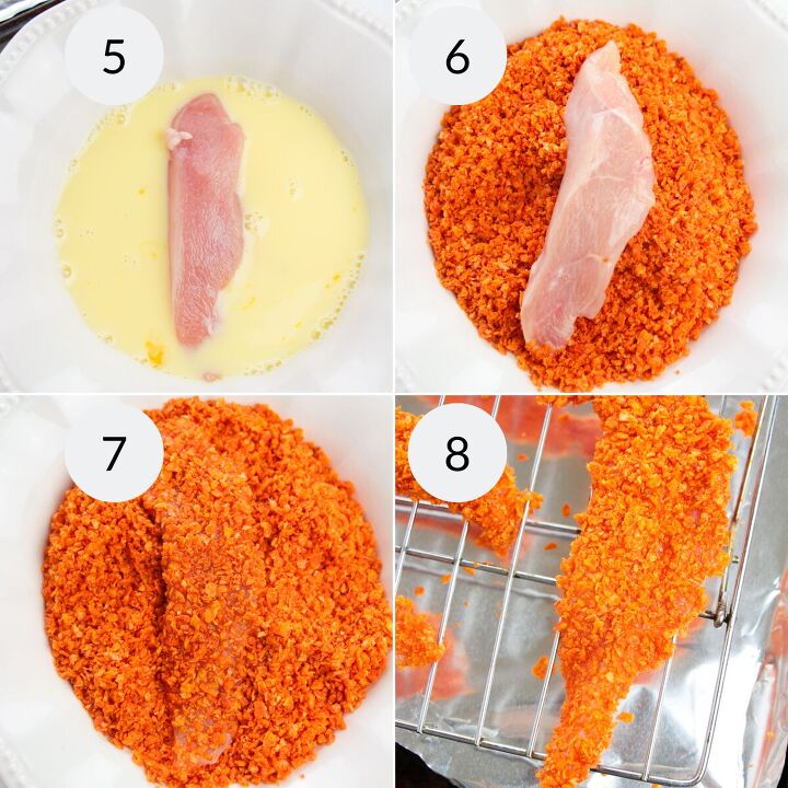 doritos chicken tenders, a collage of 4 images showing how to coat the doritos chicken strips