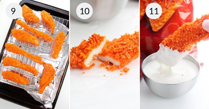 doritos chicken tenders, a collage of 3 images showing how to bake and serve dorito chicken fingers
