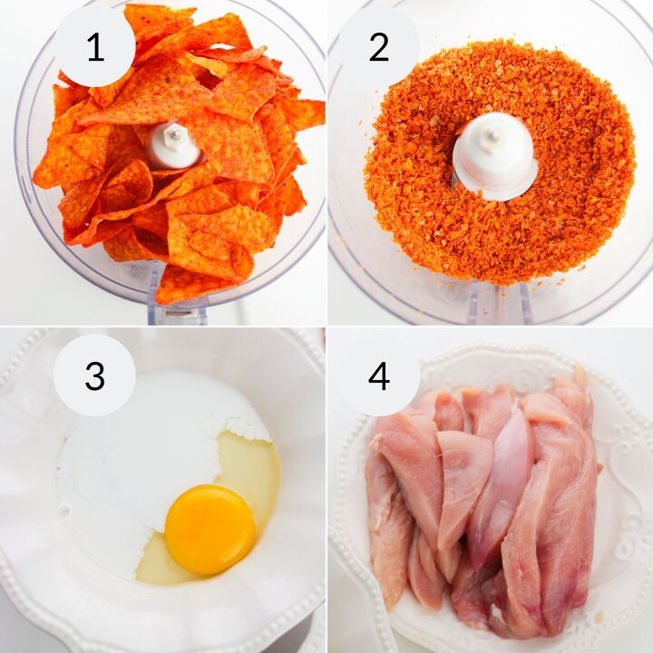 doritos chicken tenders, a collage of 4 images showing how to make the coating for doritos chicken