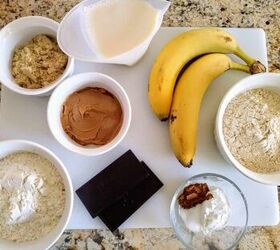 easy vegan peanut butter banana muffins, ingredients for vegan peanut butter banana muffins in small bowls