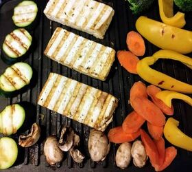 orange tahini grilled tofu, grilling tofu and vegetables on indoor grill
