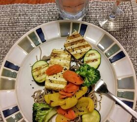 orange tahini grilled tofu, grilled tofu with vegetables and buckwheat soba noodles