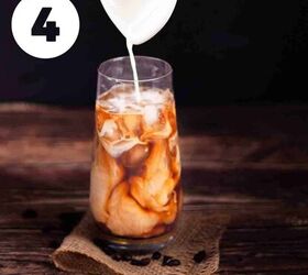 how to make the best iced coffee at home, Half and half being poured into the glass filled with ice coffee and vanilla simple syrup