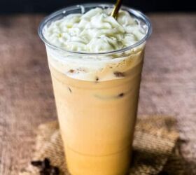 how to make the best iced coffee at home, A picture of a Starbucks copycat iced white chocolate mocha in a tall glass