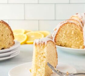 this lemon bundt cake recipe makes me happy, slice of lemon bundt cake on small dish with a bite taken out of it and fork with crumbs on it resting on the plate