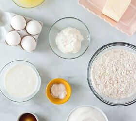 this lemon bundt cake recipe makes me happy, ingredients for lemon bundt cake laid out into small dishes and bowls Eggs butter slab flour butter