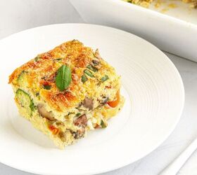 breakfast croissant casserole recipe hearty breakfast casserole, A piece of Breakfast Croissant Casserole on a white plate