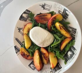grilled peach burrata and arugula salad