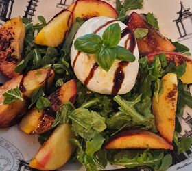 grilled peach burrata and arugula salad