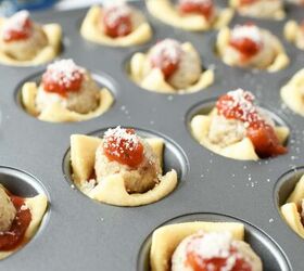 mini meatball crescent cupcakes, Parmesan on mini meatball cupcakes in a muffin tin