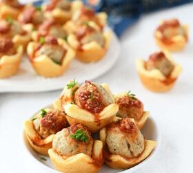 mini meatball crescent cupcakes, Meatball Crescent cupcake bites on a small white plate