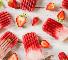 strawberry popsicles recipe popsicles with fresh strawberries, Overhead image of strawberry popsicles with sliced strawberries next to them