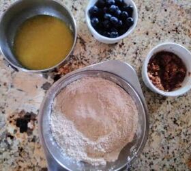 blueberry coffee cake without dairy or eggs, Bowls of dry ingredients wet ingredients streusel topping and blueberries