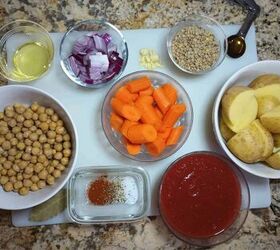 slow cooker vegan cholent, vegan cholent ingredients in bowls