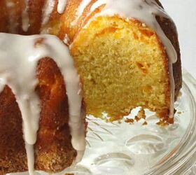 easy lemon shortbread cookies, An orange poundcake on a clear glass cake stand
